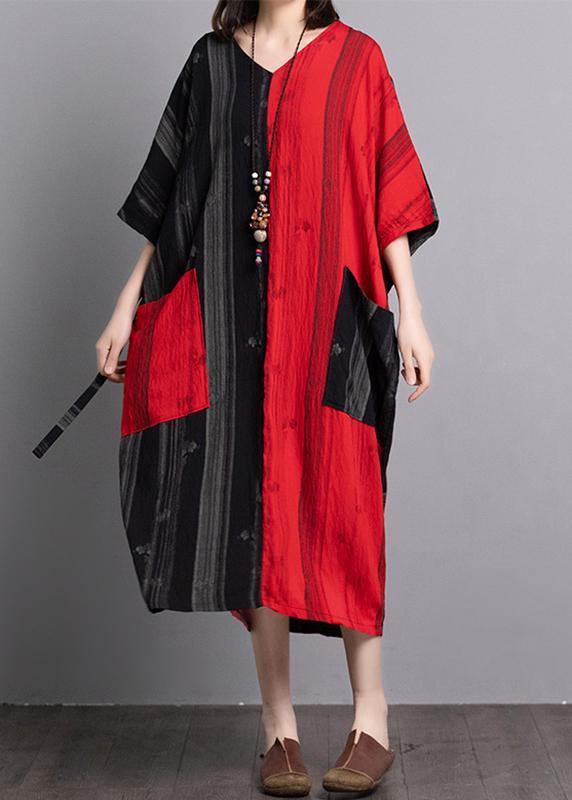 V-Neck Short Sleeve Contrast Patch Pocket Vertical Stripe Panel Oversized Midi Dress