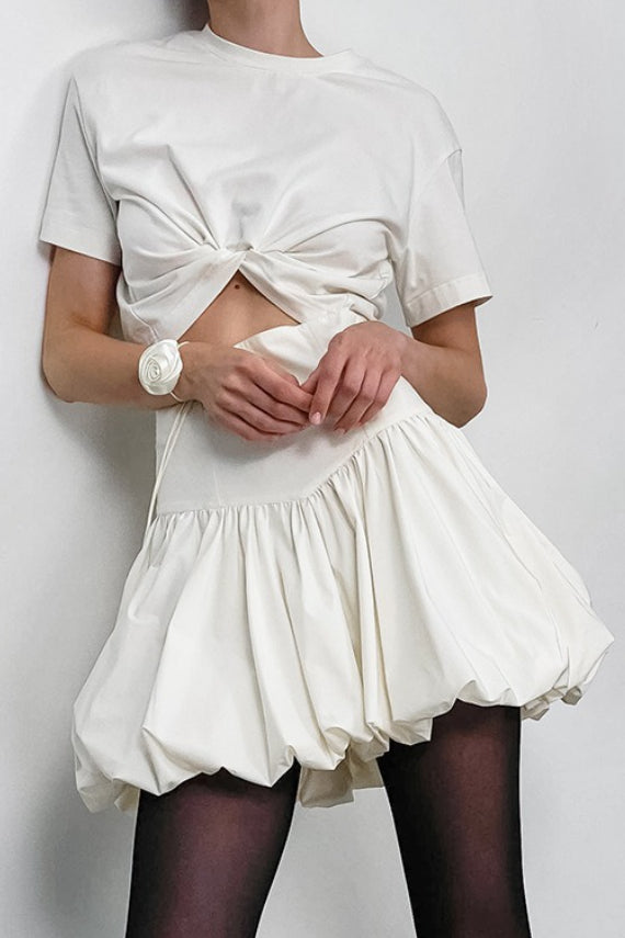 Asymmetric Yoke Waist Gathered Bubble Hem Mini Skirt