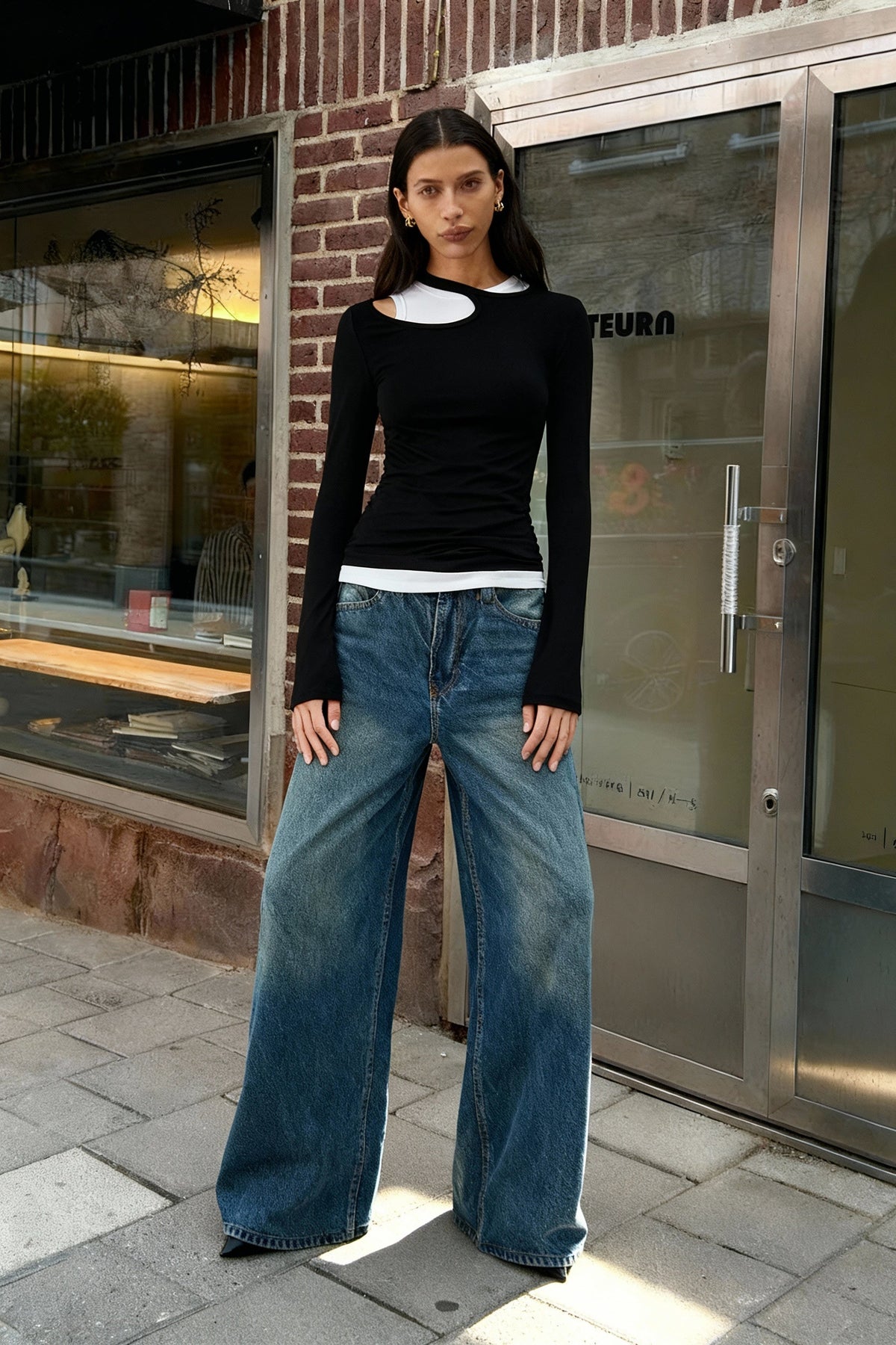 Asymmetric Cut Out Neck Long Sleeve Layered Look Fitted Top 2