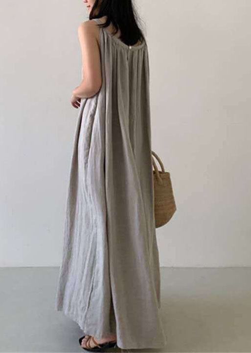 Gathered Neck Pleated Tent Oversized Sleeveless Linen Blend Maxi Dress