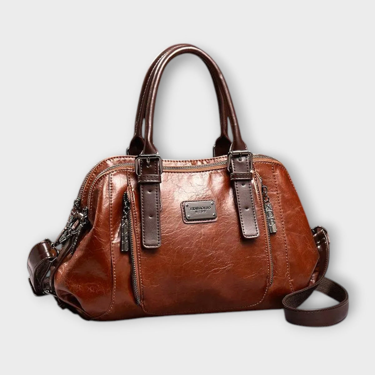 Double Zip Top Handle Faux Leather Satchel Bag