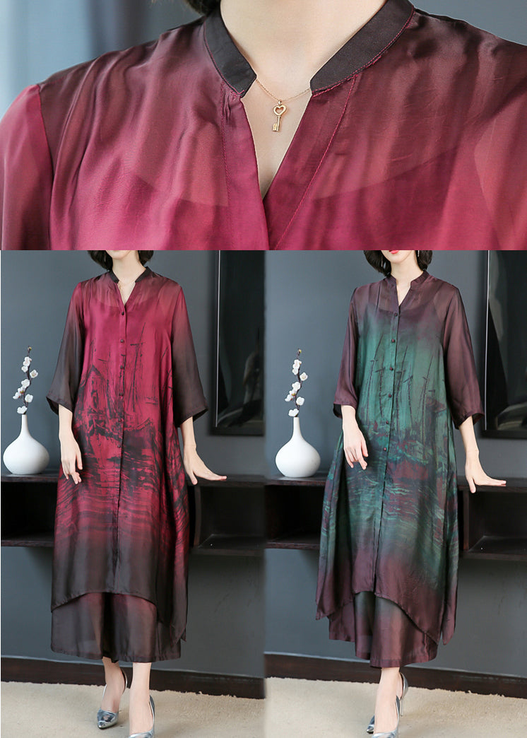Abstract Print V-Neck Mandarin Collar Three-Quarter Sleeve Button Front Midi Dress