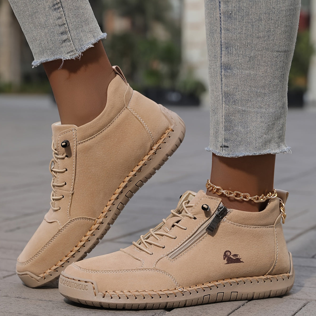 Lace Up Side Zip Stitched Ankle Boots