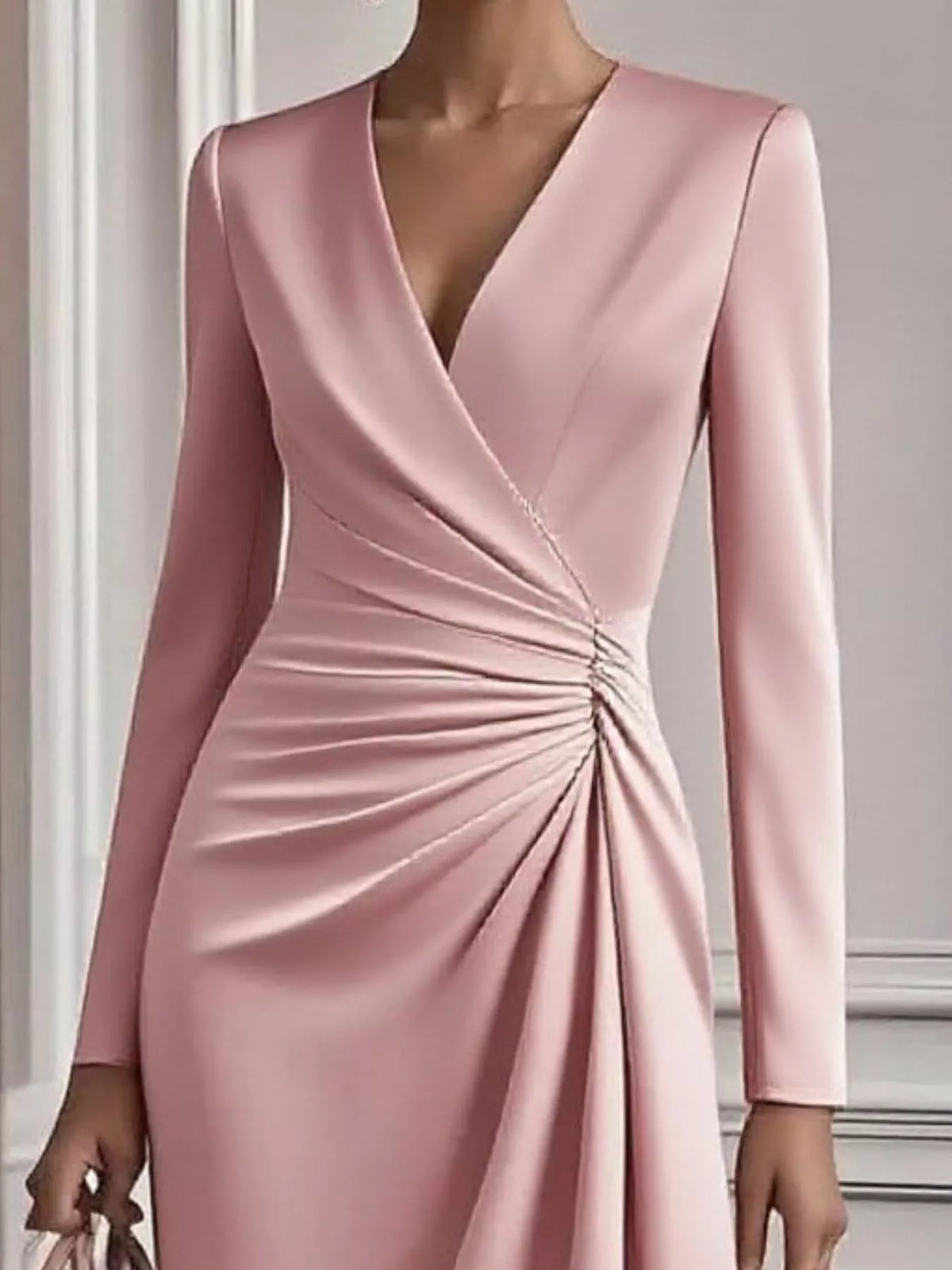 Satin Surplice V-Neck Long Sleeve Ruched Side Wrap Midi Dress 2