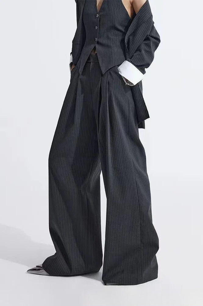Grey Striped Vest Wide Leg Three Piece Set