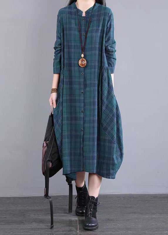 Plaid Check Print Stand Collar Button Down Long Sleeve Pocket Shirt Midi Dress