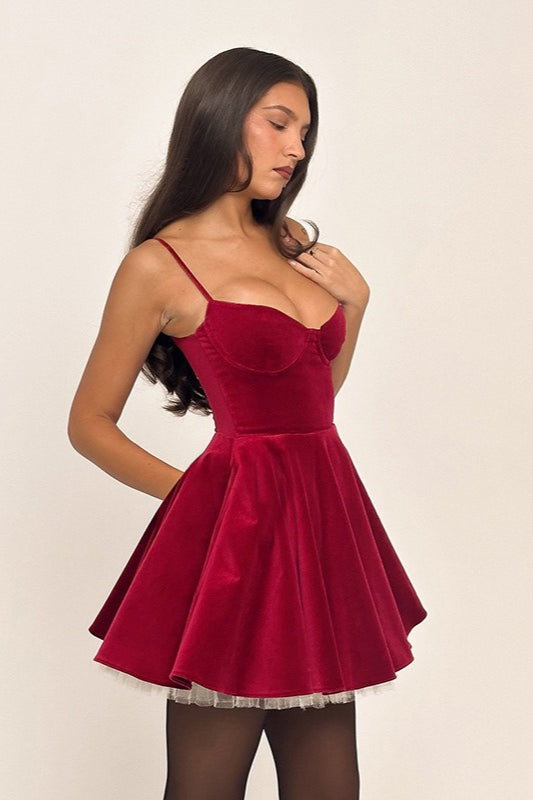 Velvet Corset Sweetheart Spaghetti Strap Tulle Layer Mini Dress