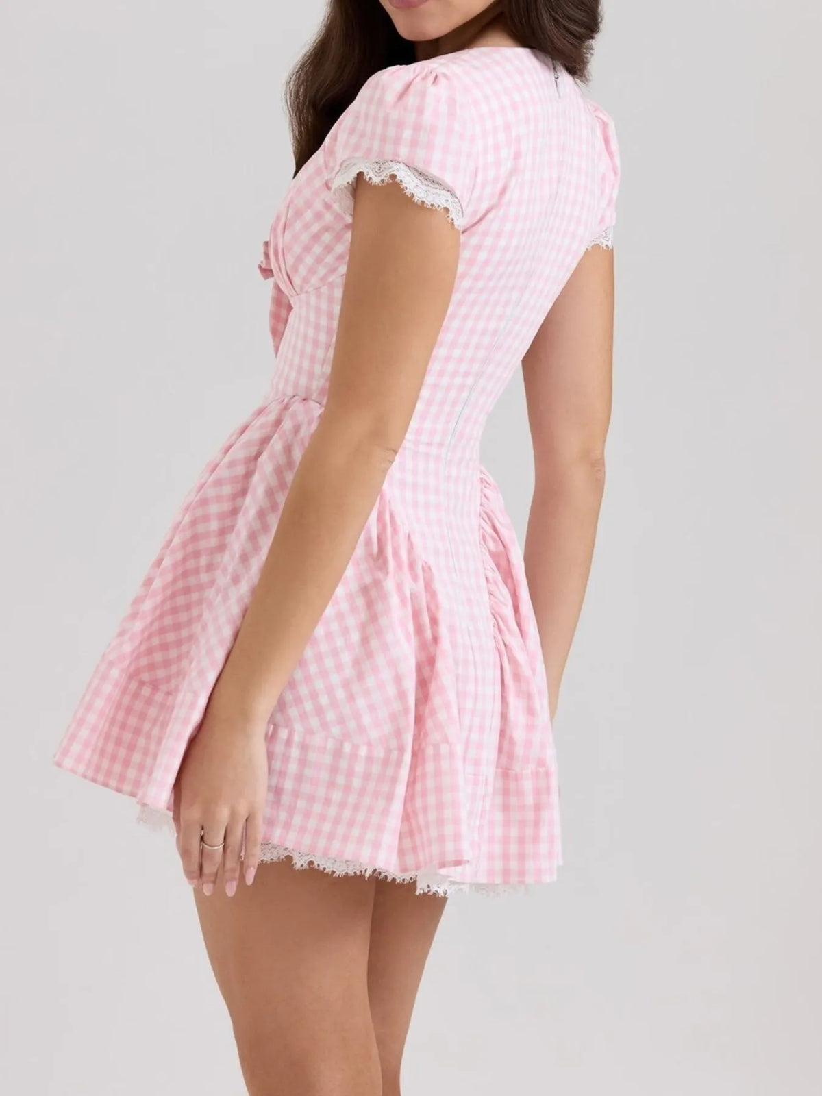 Gingham V-Neck Puff Sleeve Bow Button Front Lace Trim Mini Dress 3