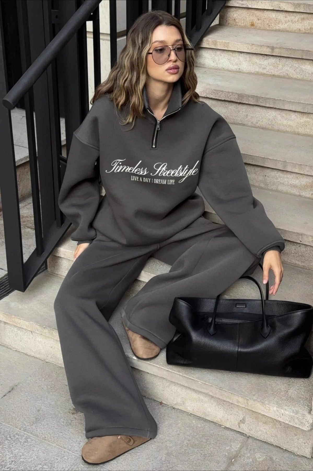 Half Zip Slogan Graphic Fleece Sweatshirt and Wide Leg Pants Two Piece Set 3
