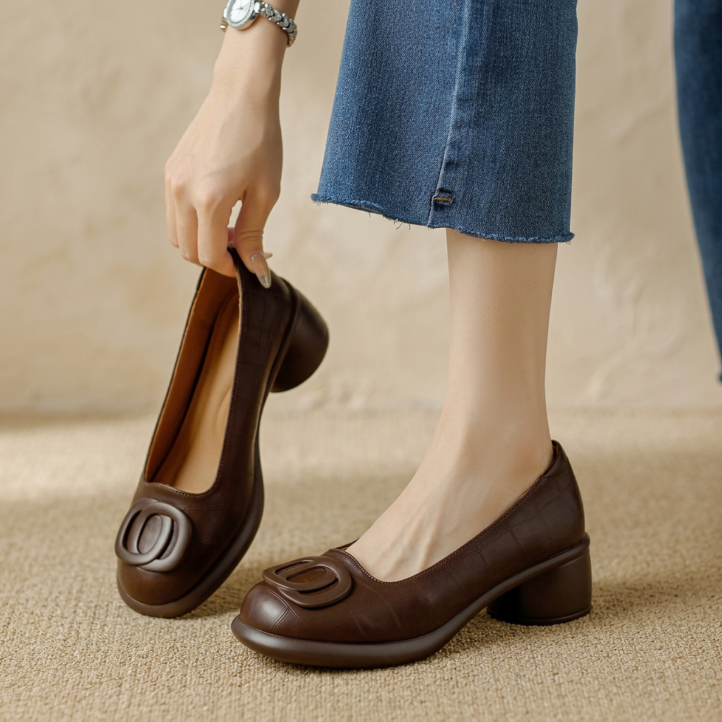 Round Toe Slip On Block Heel Loafers