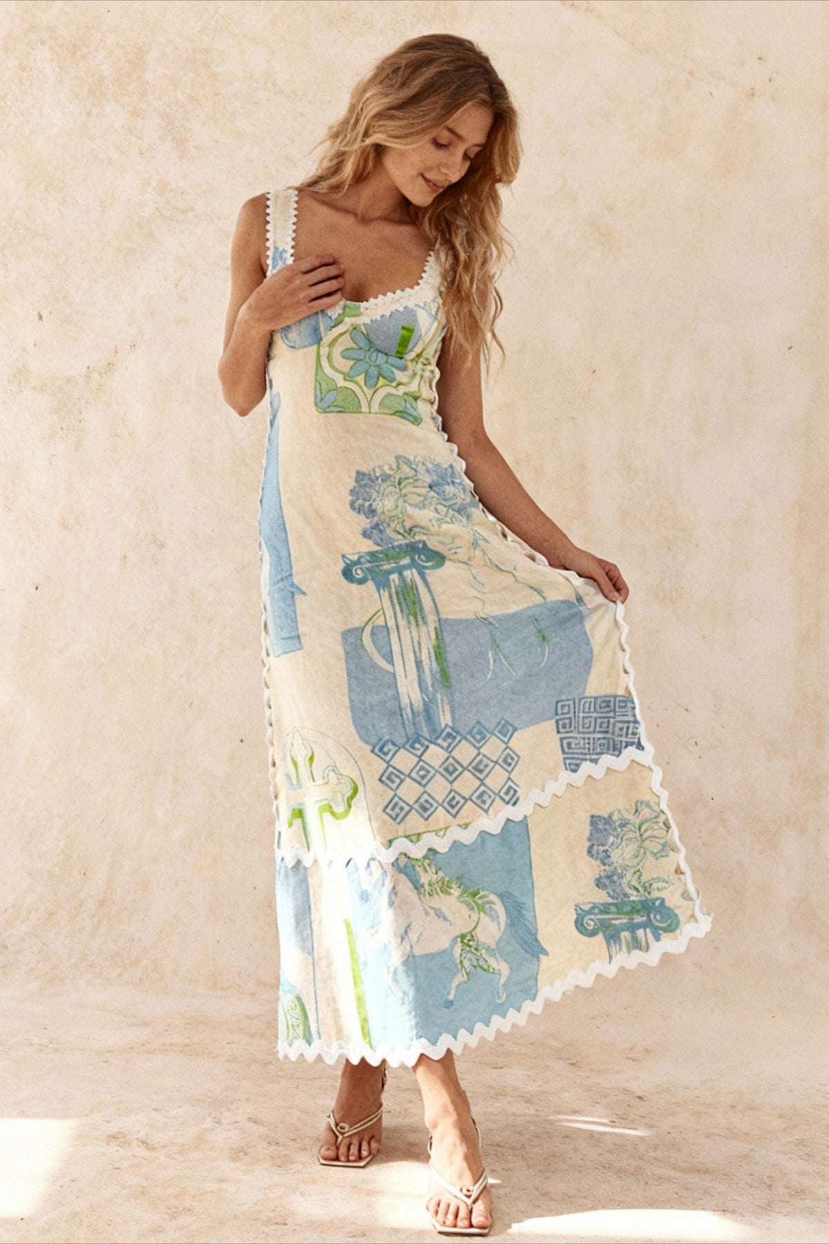Abstract Print Ric Rac Trim Tie Back Sleeveless Maxi Dress 2