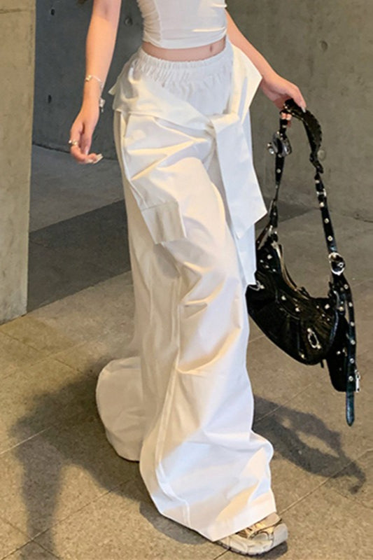 Fold Over Waist Tie Front Baggy Wide Leg Cargo Pants 2