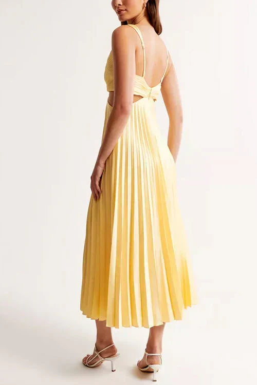 Satin V-Neck Cut Out Pleated Midi Dress 7