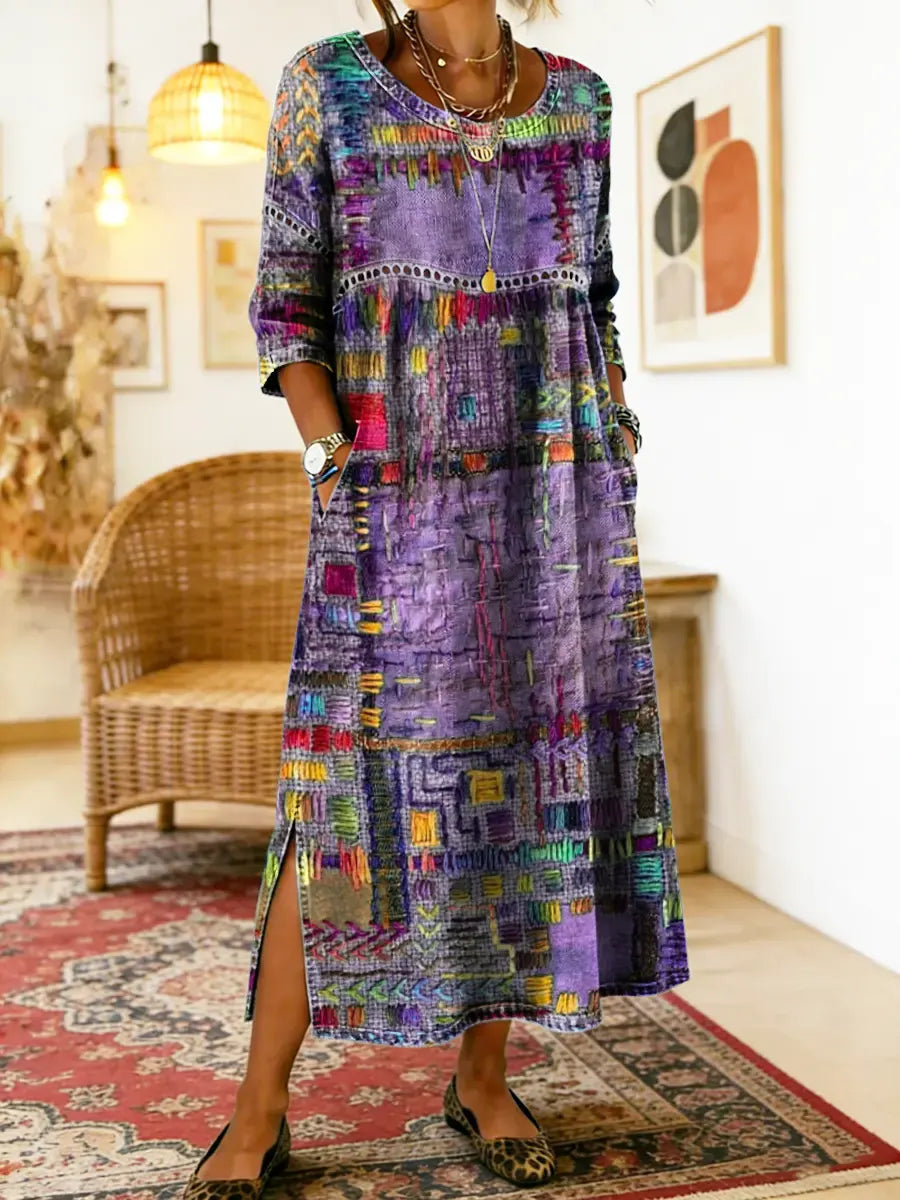 Patchwork Print Round Neck Pocket A-Line Maxi Dress