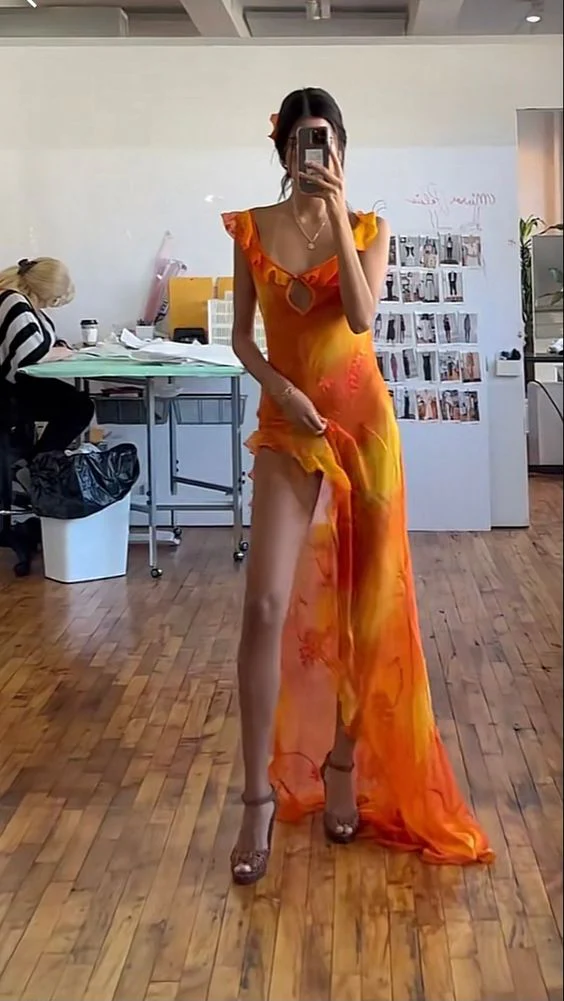 Elegant Chiffon Ruffles Slit Long Prom Dress Party Dress cc1401