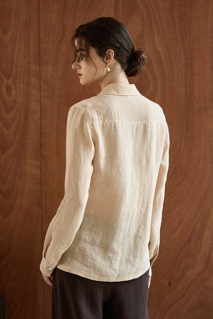 Semi Sheer Linen Look Collared Long Sleeve Slim Button Front Shirt 9