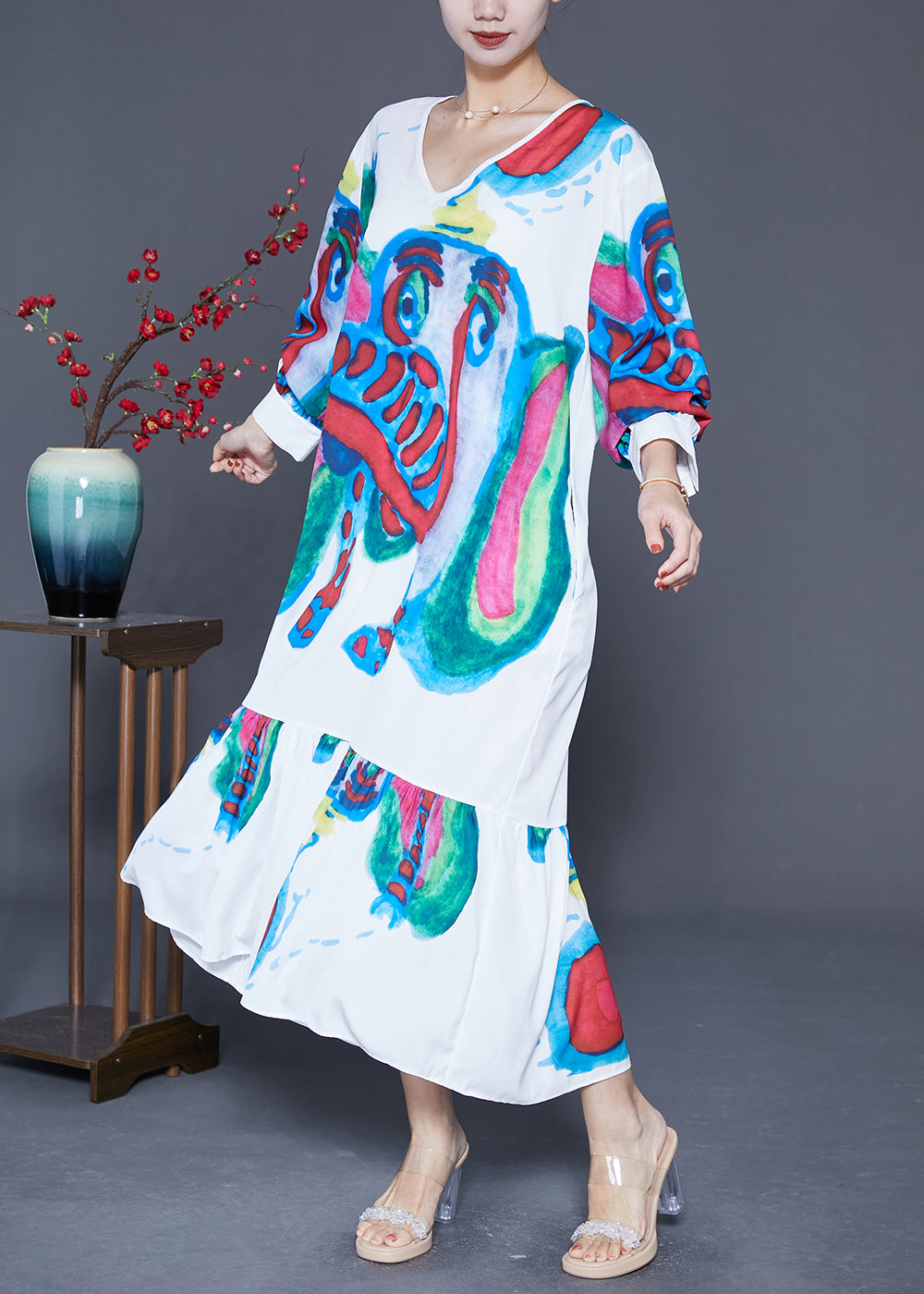 Abstract Print Long Sleeve V-Neck Tiered Ruffle Oversized Maxi Dress