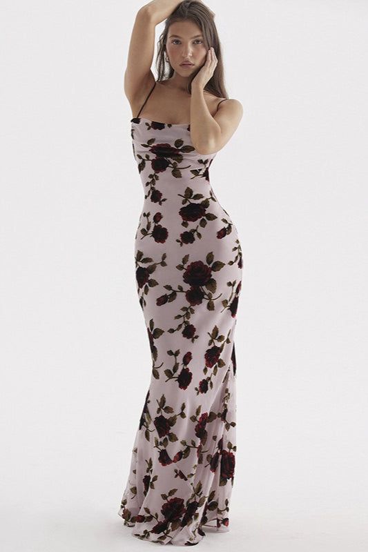 Floral Print Square Neck Spaghetti Strap Bodycon Maxi Dress