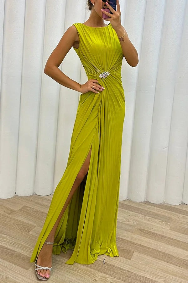 Crew Neck Sleeveless Micro Pleat Rhinestone Waist High Split Maxi Gown