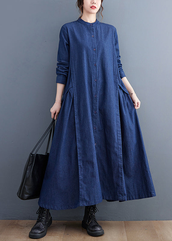 Denim Mandarin Collar Button Front Pleated Side Panel Long Sleeve Maxi Dress