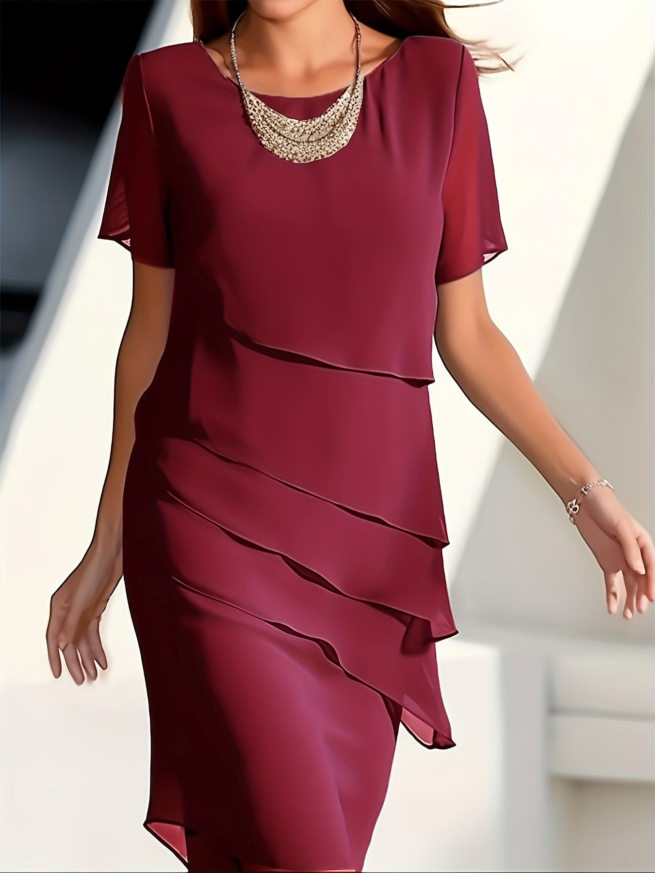 Cotton Layered Trim Round Neck Short Sleeve Midi Dress