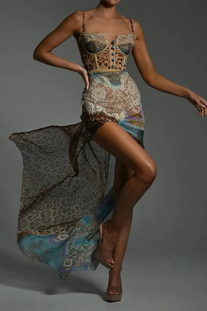 Leopard Lace Mesh Midi Dress