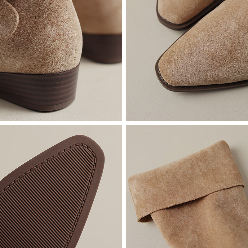 Womens Suede Leather Knee High Boots with Buckles In Black/Brown