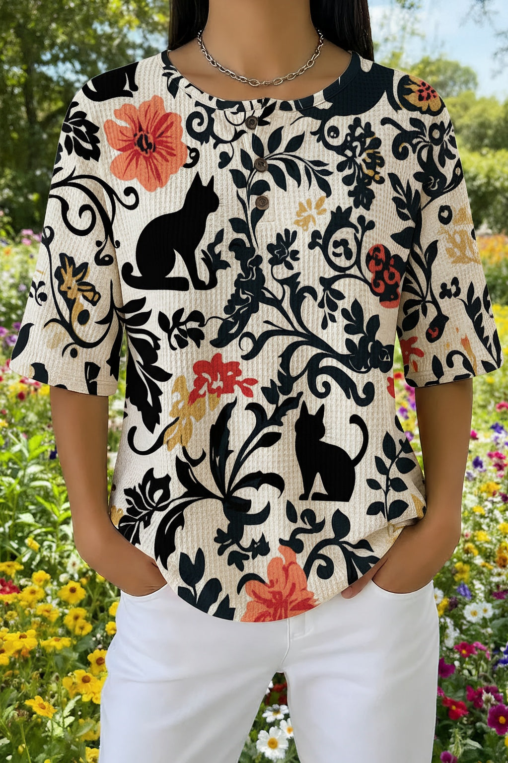 Womens Black and White Floral Cat Silhouette Print Casual Shirt