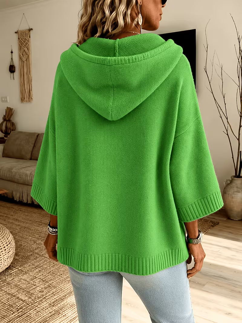 Hooded Drawstring Oversized Knit Poncho Sweater