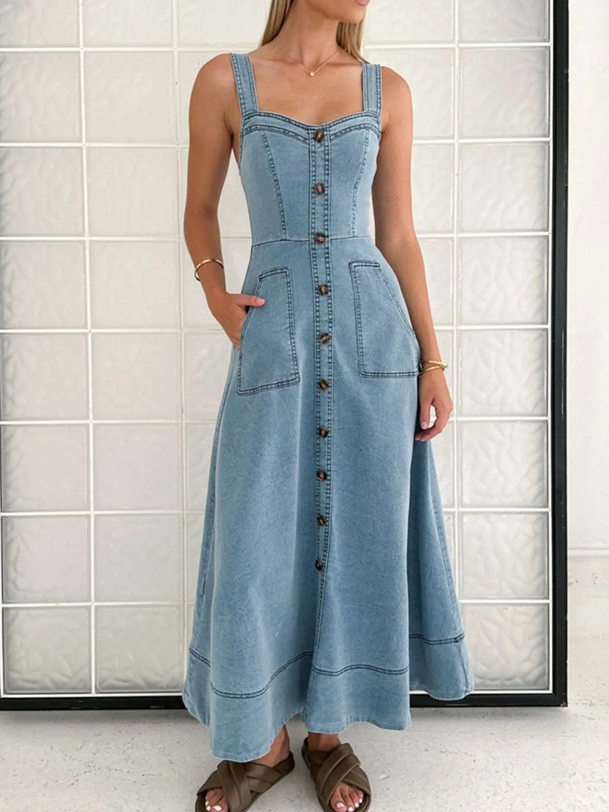 Denim-Look Sweetheart Neck Wide Strap Button Front Pocket Maxi Dress 3