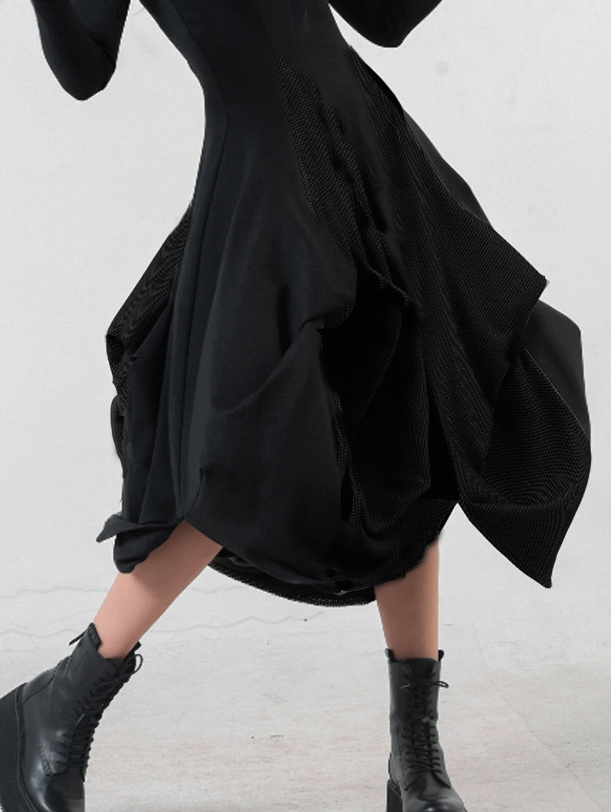 High Neck Thumbhole Long Sleeve Mesh Panel Bubble Hem Asymmetrical Midi Dress