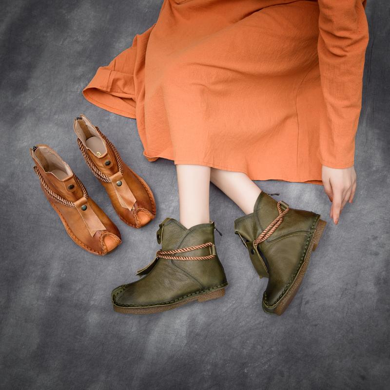 National Style Leather Short Boots For Women Rope Decoration Green/Brown