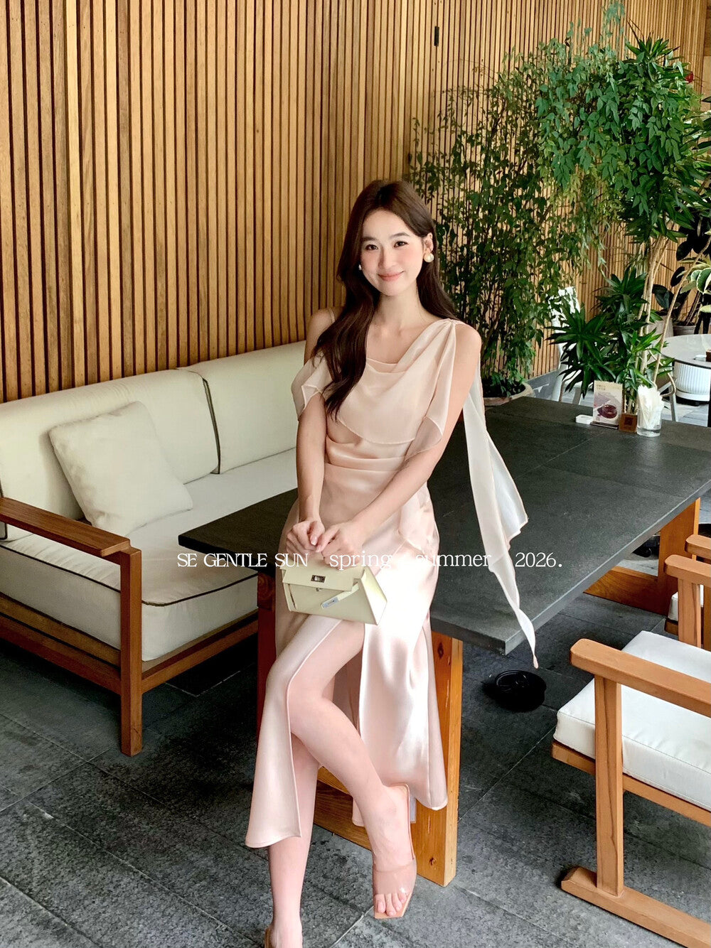 Satin Cowl Neck High Split Ruffle Slip Dress