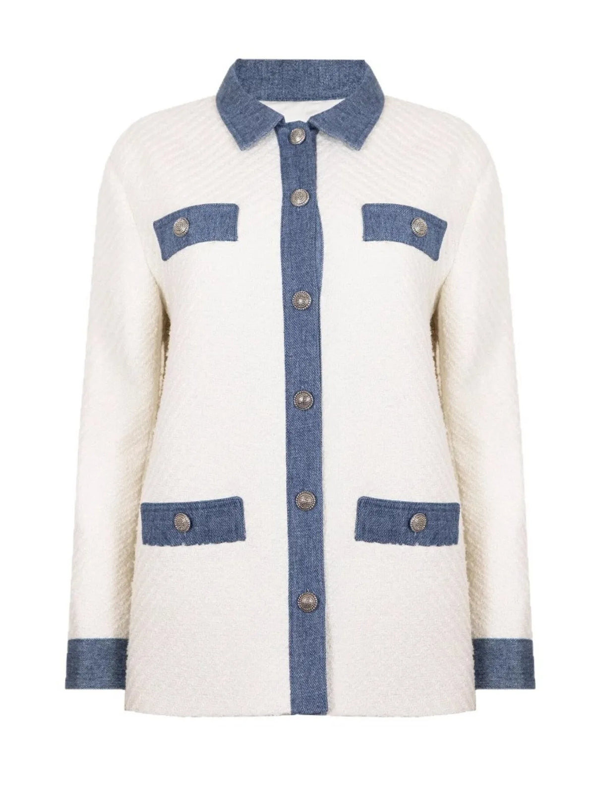 Tweed Denim-Look Contrast Trim Button Front Four Pocket Jacket 3