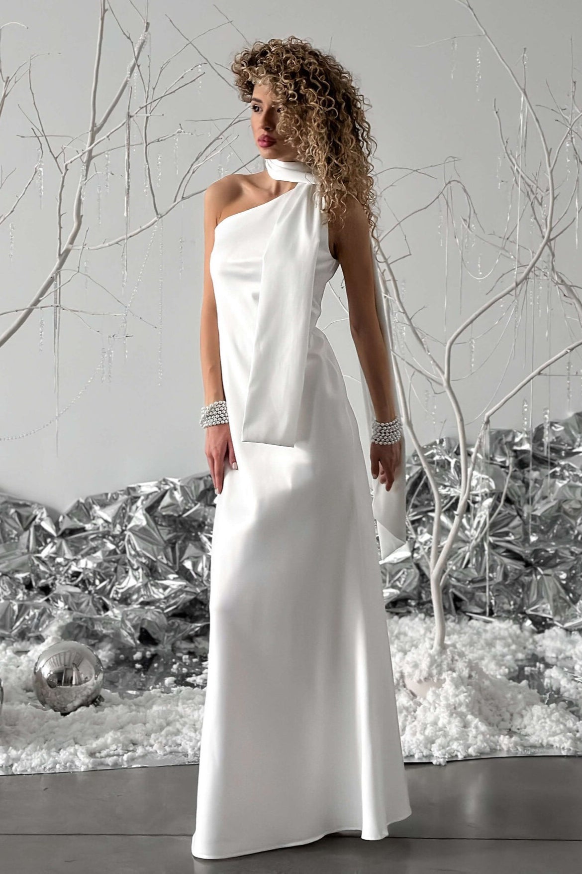Satin Mock Neck Sash Tie Sleeveless Column Maxi Gown