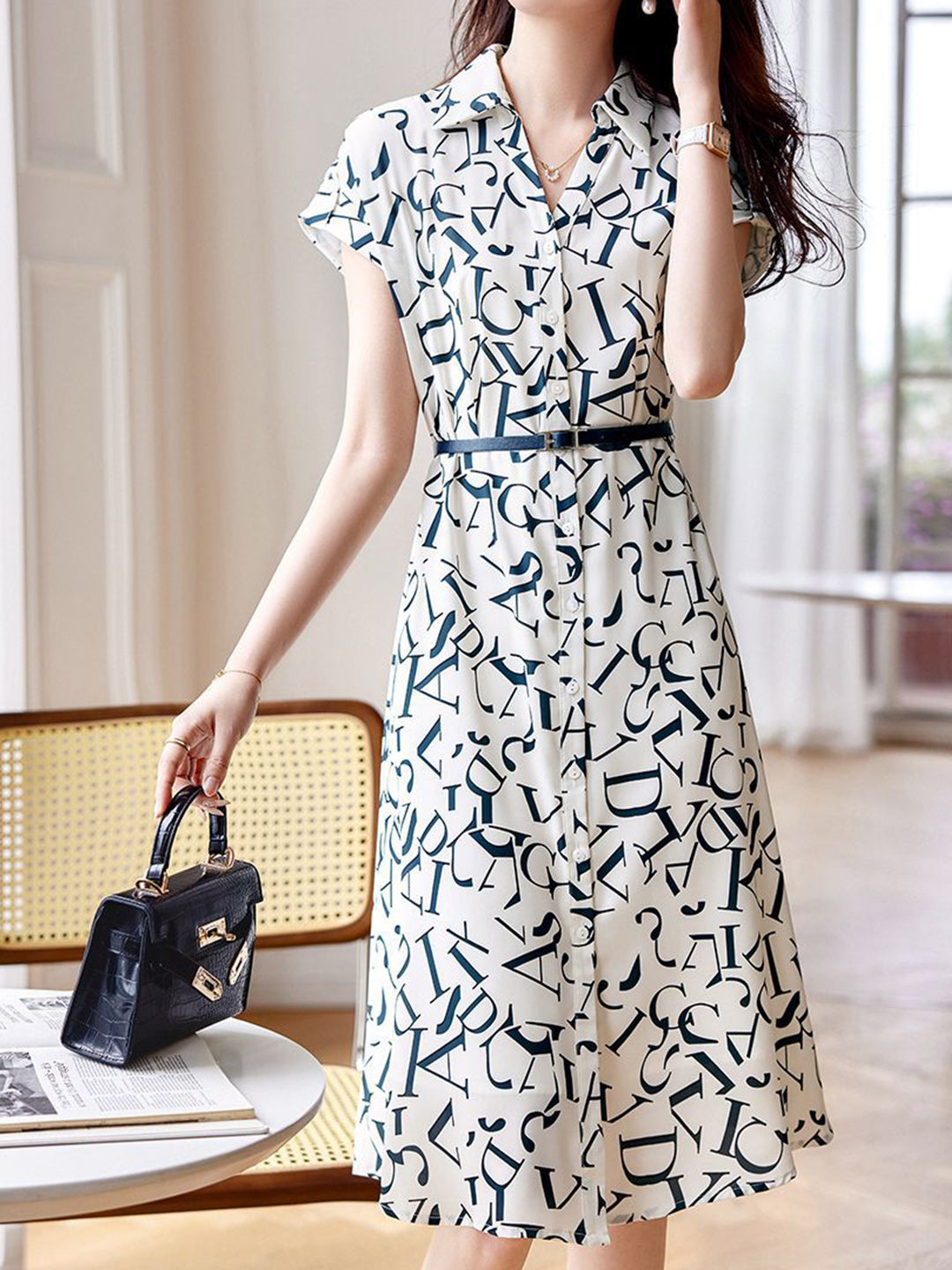 Letter Print Button Down Shirt Collar Cap Sleeve Belted Midi Dress