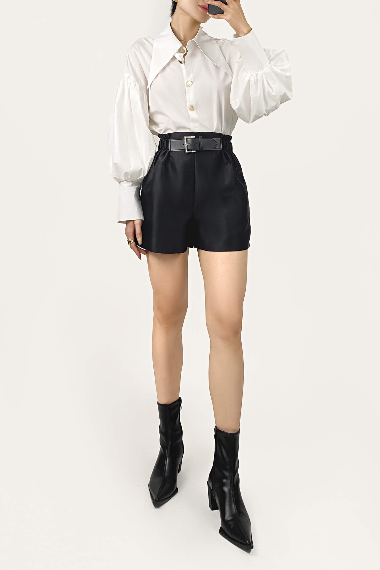 White Pointed Collar Button Detail Lantern Sleeve Shirt