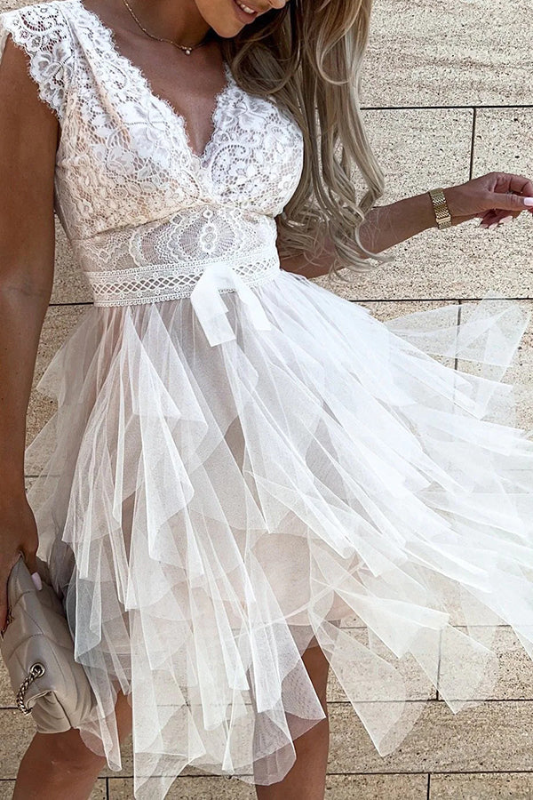 Gabriela Timeless Open-Shoulder Layered Lace Midi Dress with V Neck Evening Wear Edit