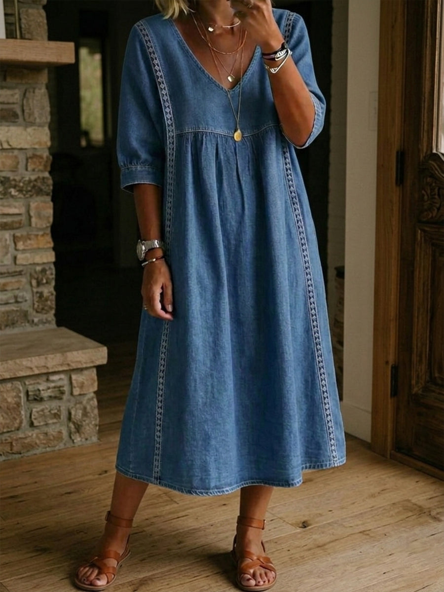 Denim V-Neck Pocket Midi Dress 2