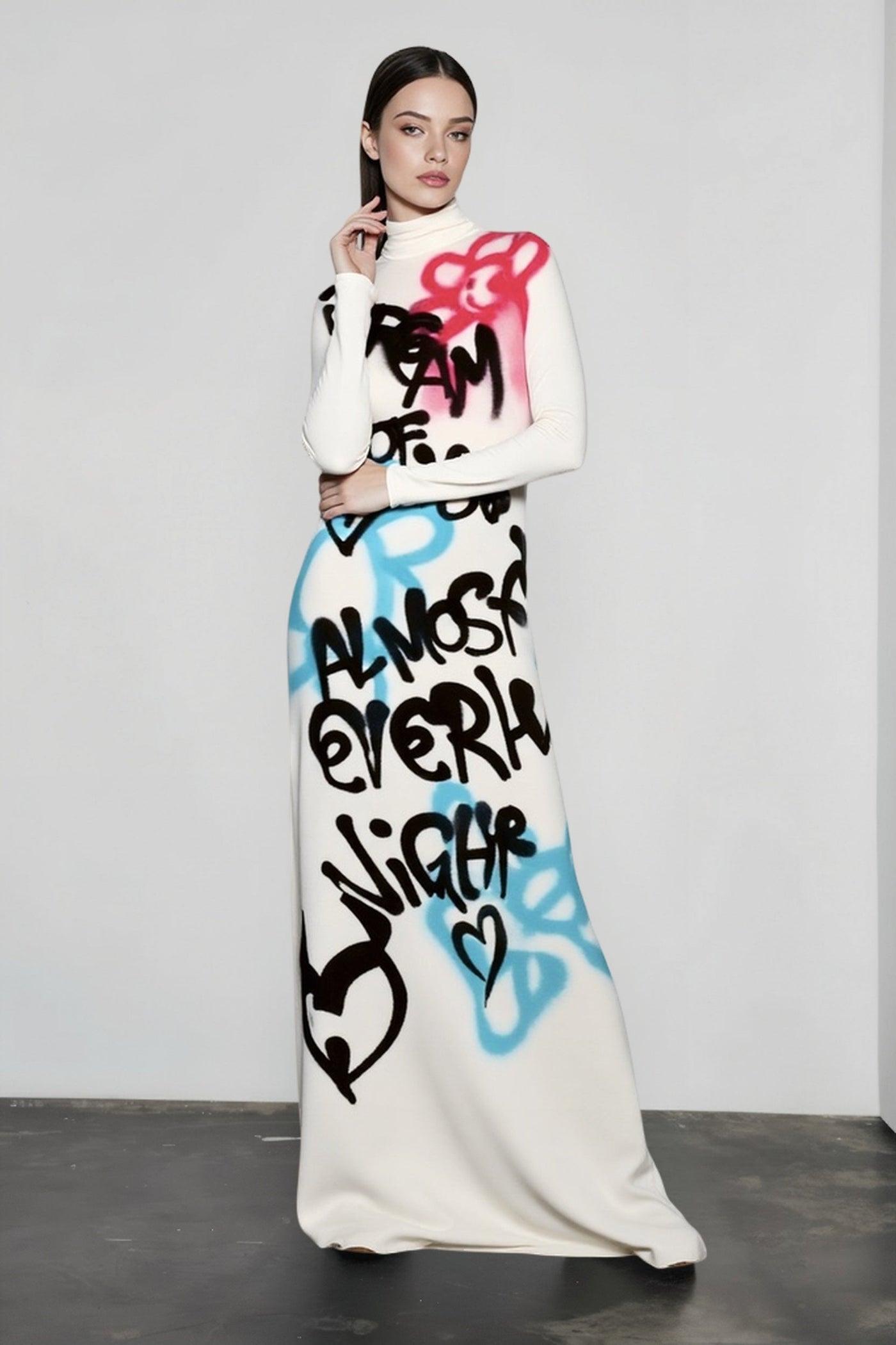 High Neck Graffiti Color Block Bodycon Maxi Dress