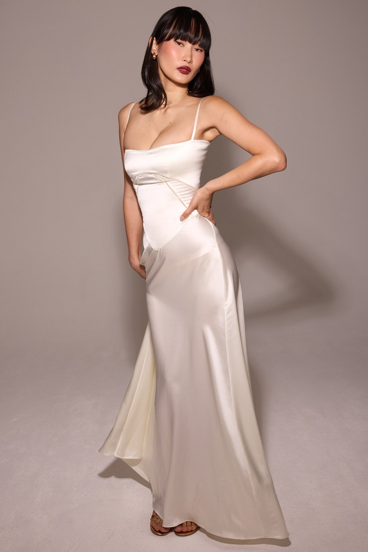 Satin Square Neck Cut Out Panel Spaghetti Strap Maxi Dress 8