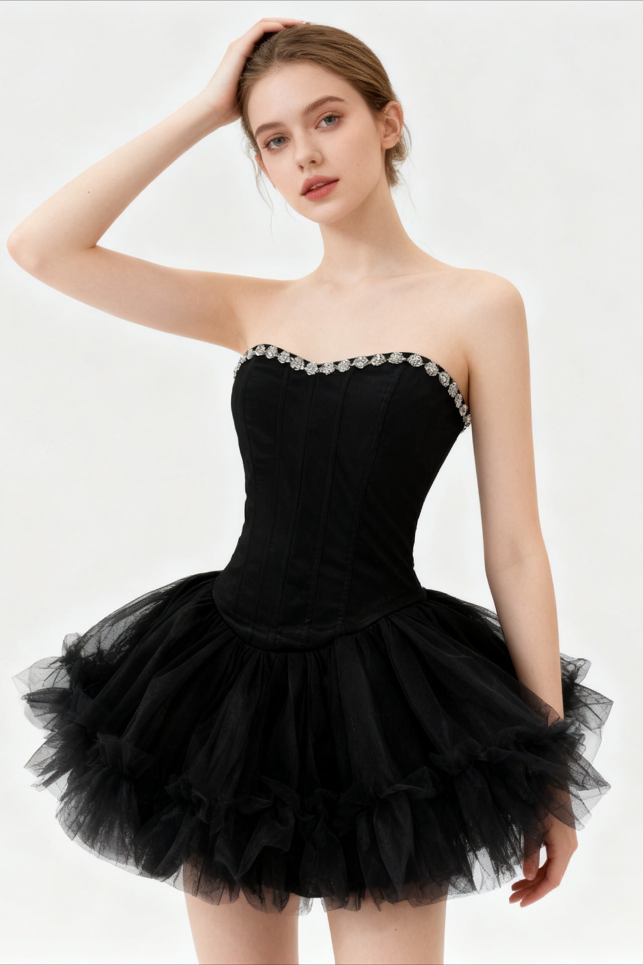 Crystal Embellished Strapless Mini Graduation Party Dress