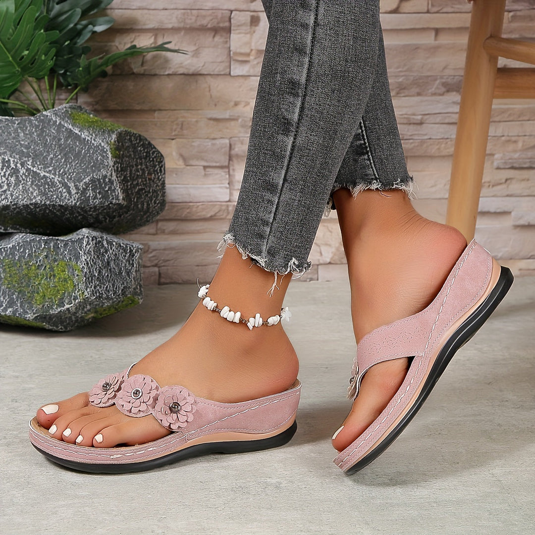 Flower Embellished Thong Wedge Sandals