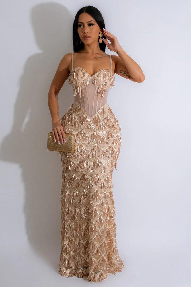 Elegant Spaghetti Strap A-Line Bodycon Maxi Sequin Dress