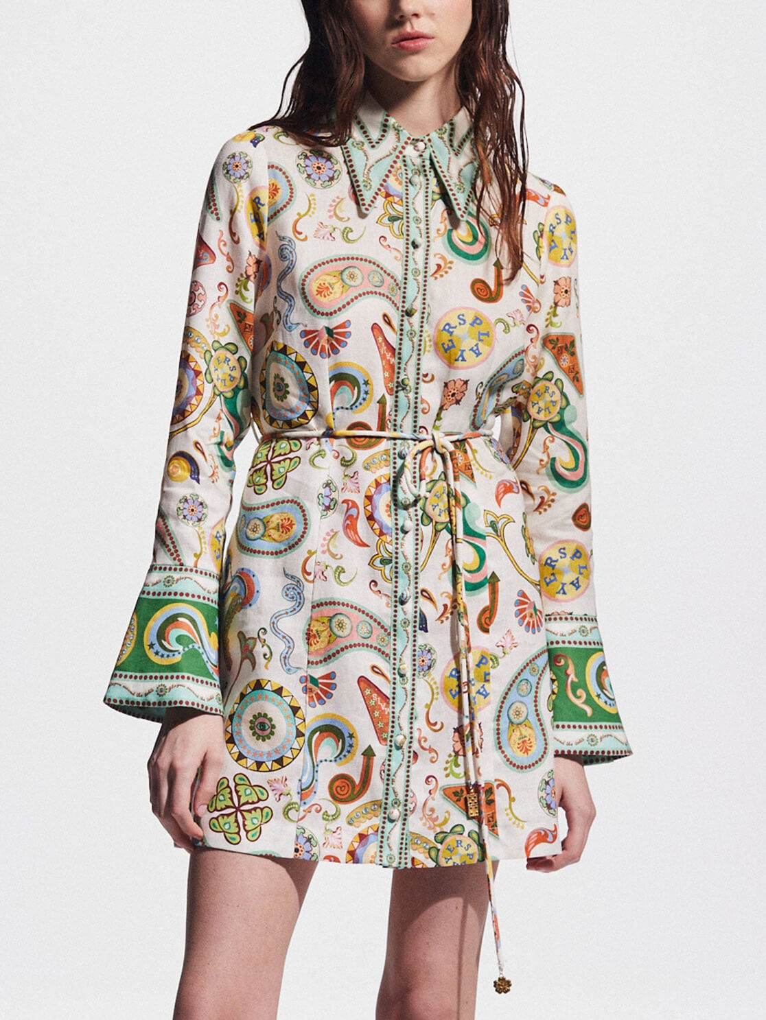 Paisley Print Pointed Collar Bell Sleeve Button Front Belted Mini Shirt Dress