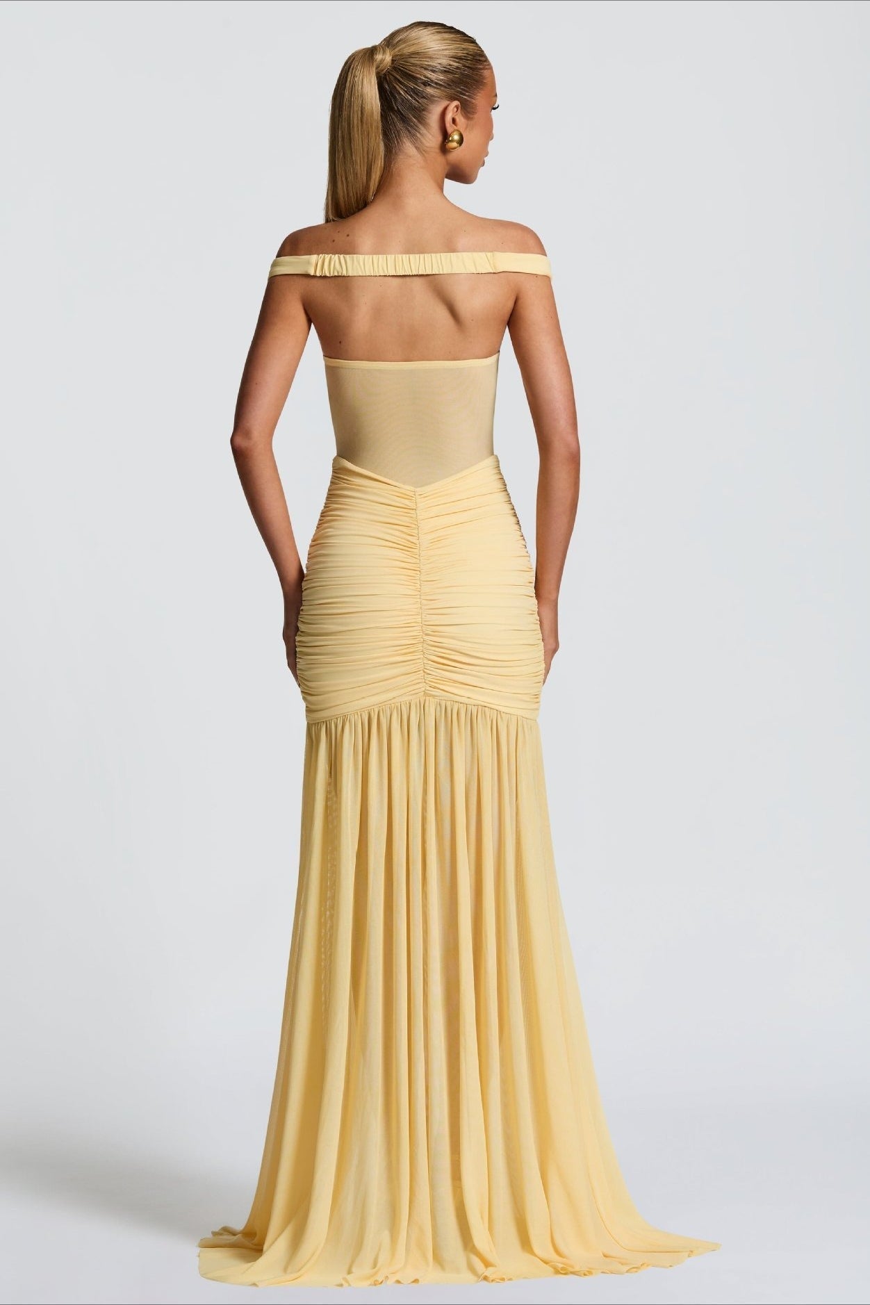 Off Shoulder Ruched Backless Mermaid Maxi Prom Dress