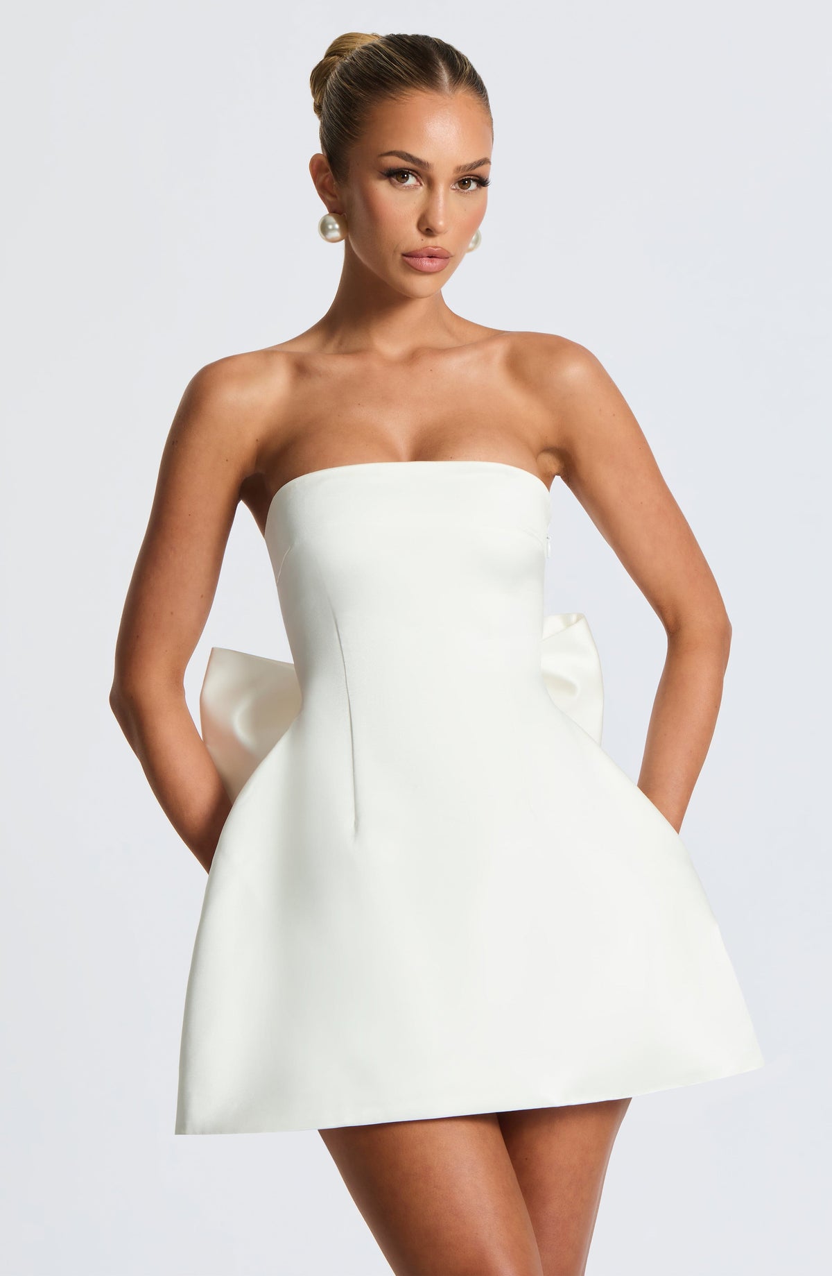 Structured Satin Strapless Bow Back Bubble Skirt Mini Dress 5