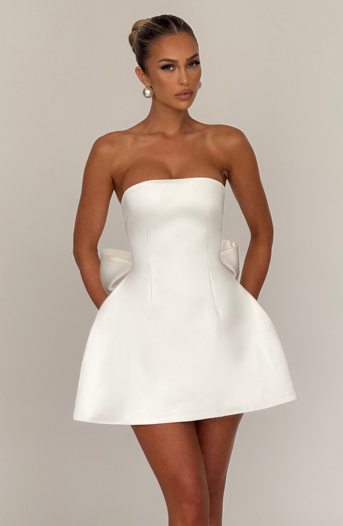 Structured Satin Strapless Bow Back Bubble Skirt Mini Dress 3