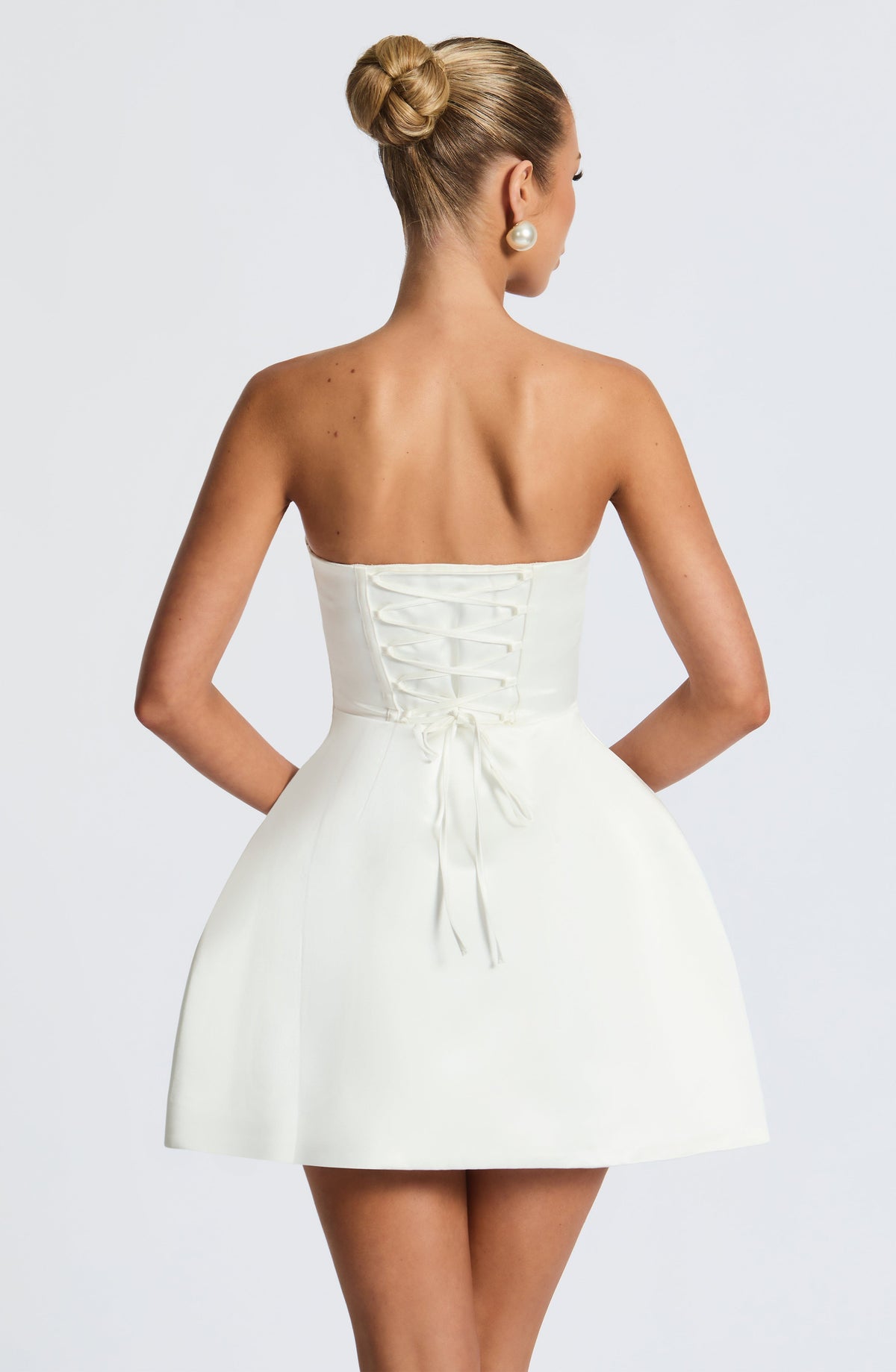 Structured Satin Strapless Bow Back Bubble Skirt Mini Dress 7