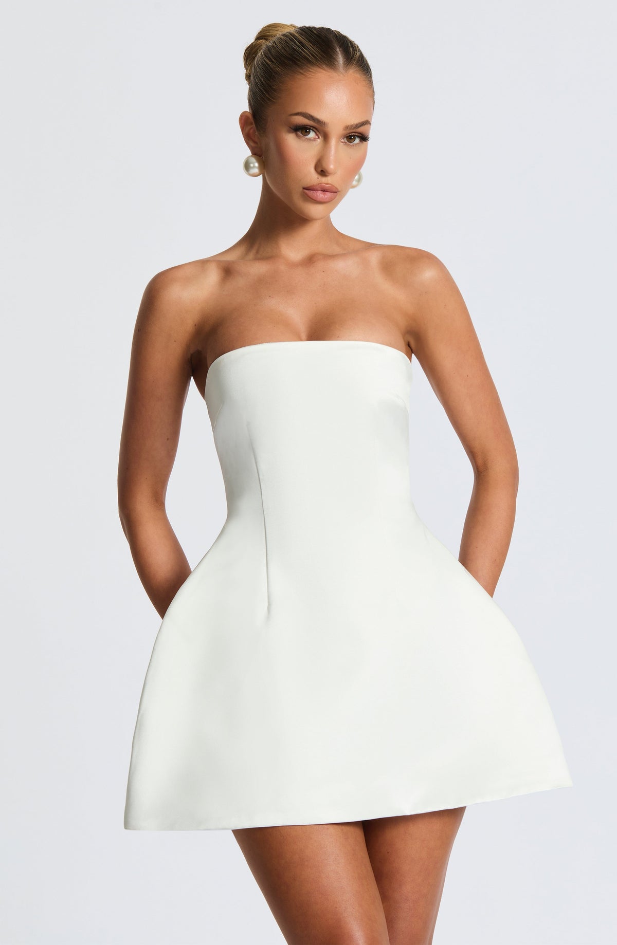 Structured Satin Strapless Bow Back Bubble Skirt Mini Dress 8